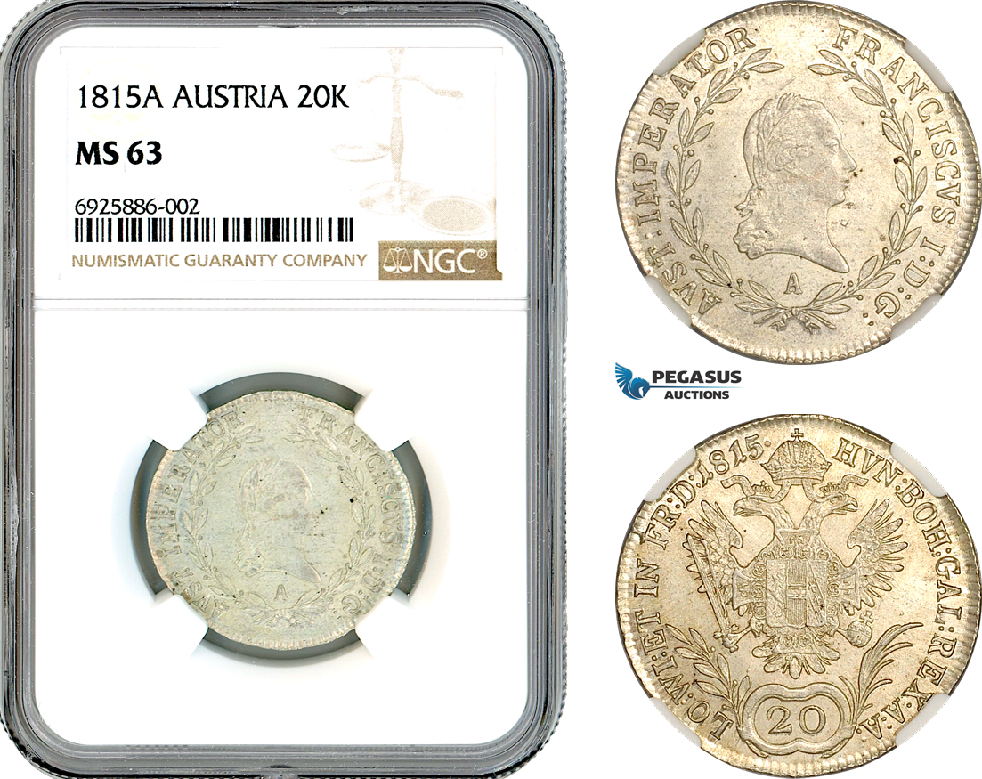 AK667, Austria, Franz II, 20 Kreuzer 1815 A, Vienna Mint, Silver, NGC MS63