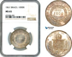 AK670, Brazil, Pedro II, 1000 Reis 1861, Silver, NGC MS65, Top Pop