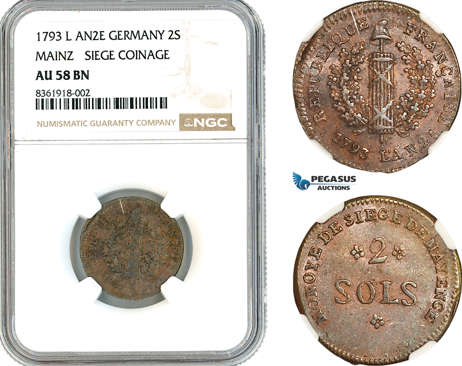 AK682, Germany, Mainz, Frederick Charles Joseph, 2 Sols 1793 L'AN 2, Siege Coinage, NGC AU58BN