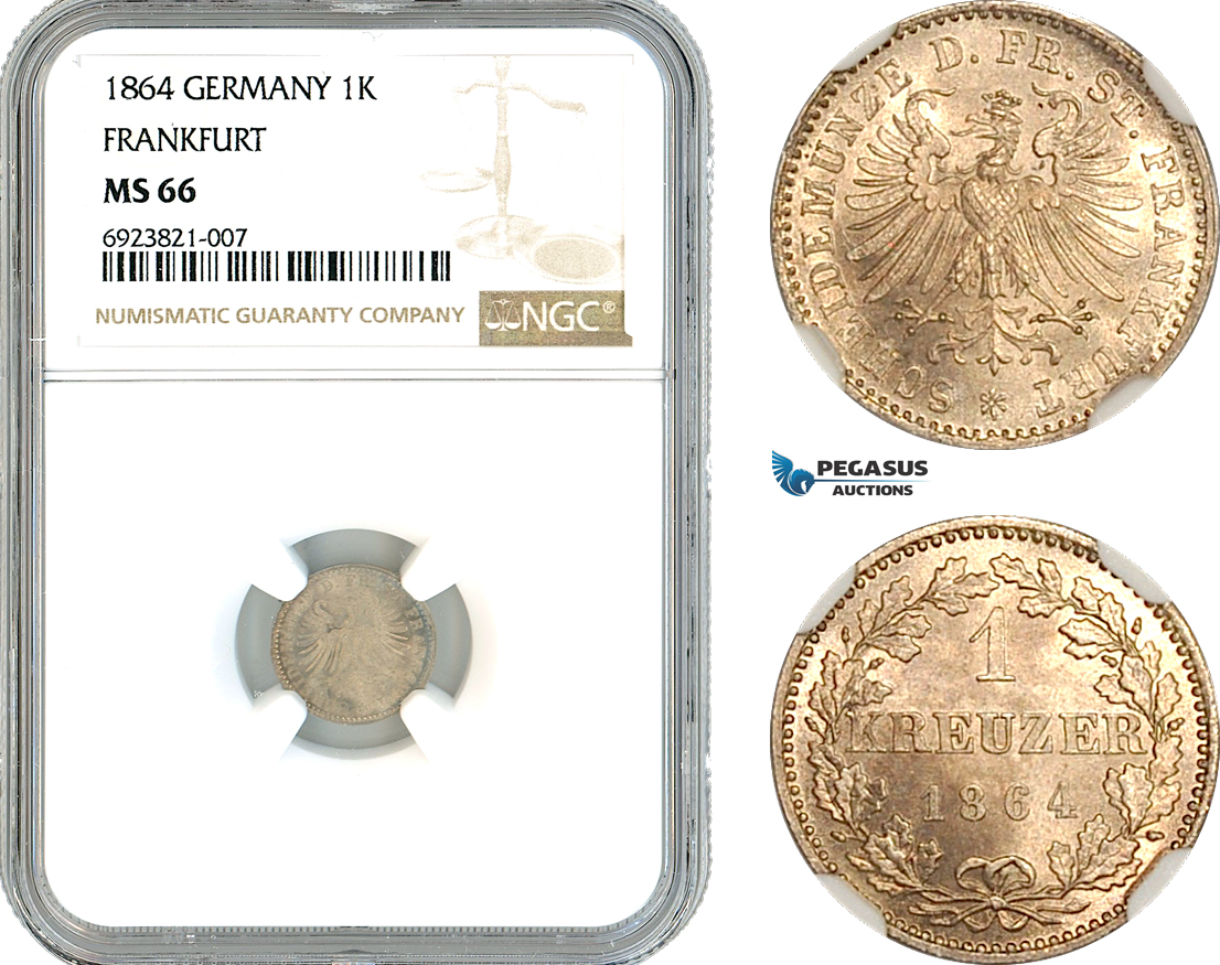 AK685, Germany, Frankfurt, 1 Kreuzer 1864, Silver, NGC MS66