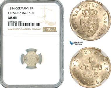 AK687, Germany, Hesse Darmstadt, Ludwig II, 1 Kreuzer 1834, Silver, NGC MS65