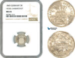 AK688, Germany, Hesse Darmstadt, Ludwig III, 3 Kreuzers 1865, Silver, NGC MS65