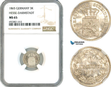 AK688, Germany, Hesse Darmstadt, Ludwig III, 3 Kreuzers 1865, Silver, NGC MS65