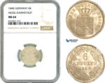 AK689, Germany, Hesse Darmstadt, Ludwig III, 6 Kreuzers 1848, Silver, NGC MS64