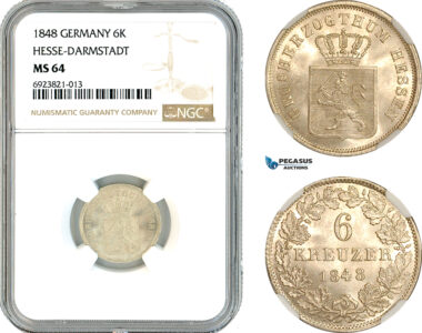 AK689, Germany, Hesse Darmstadt, Ludwig III, 6 Kreuzers 1848, Silver, NGC MS64