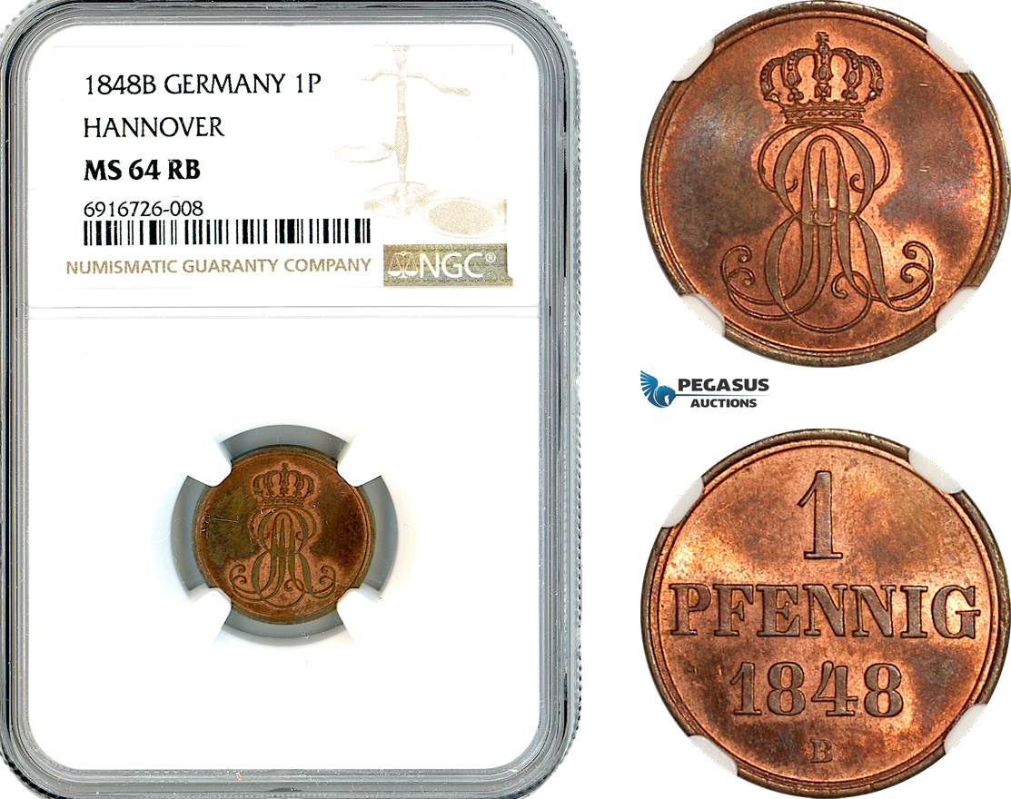 AK691, Germany, Hannover, Ernst August, 1 Pfennig 1848 B, NGC MS64RB