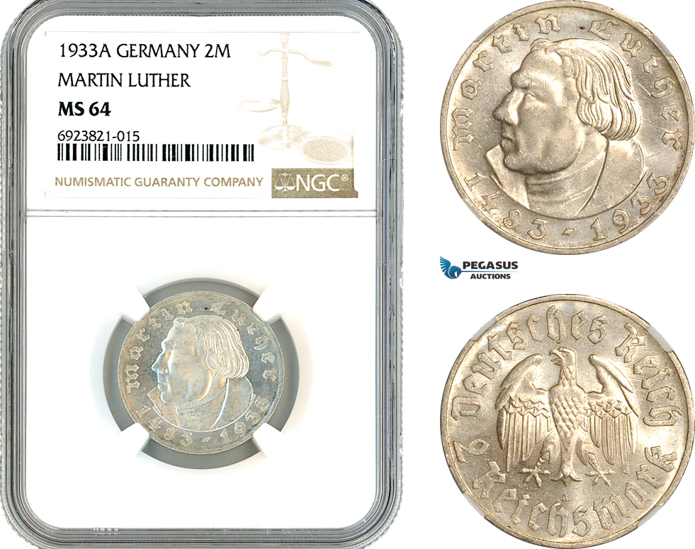 AK694, Germany, Third Reich, 2 Reichsmark 1933 A, Berlin Mint, Martin Luther, Silver, NGC MS64