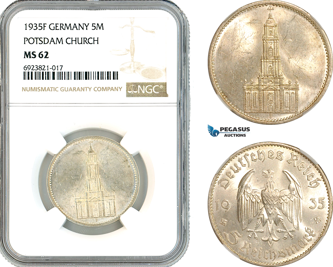 AK696, Germany, Third Reich, 5 Reichsmark 1935 F, Stuttgart Mint, Potsdam Church, Silver, NGC MS62