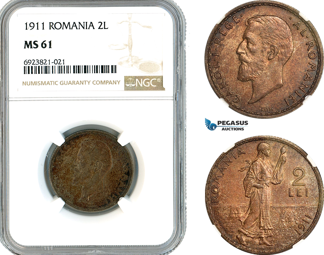 AK715, Romania, Carol I, 2 Lei 1911, Silver, NGC MS61