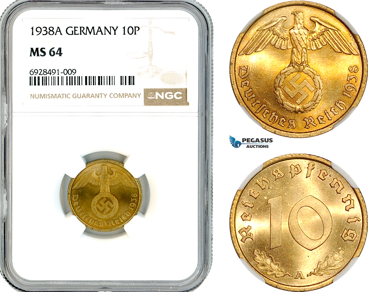 AK745, Germany, Third Reich, 10 Reichspfennig 1938 A, Berlin Mint, NGC MS64