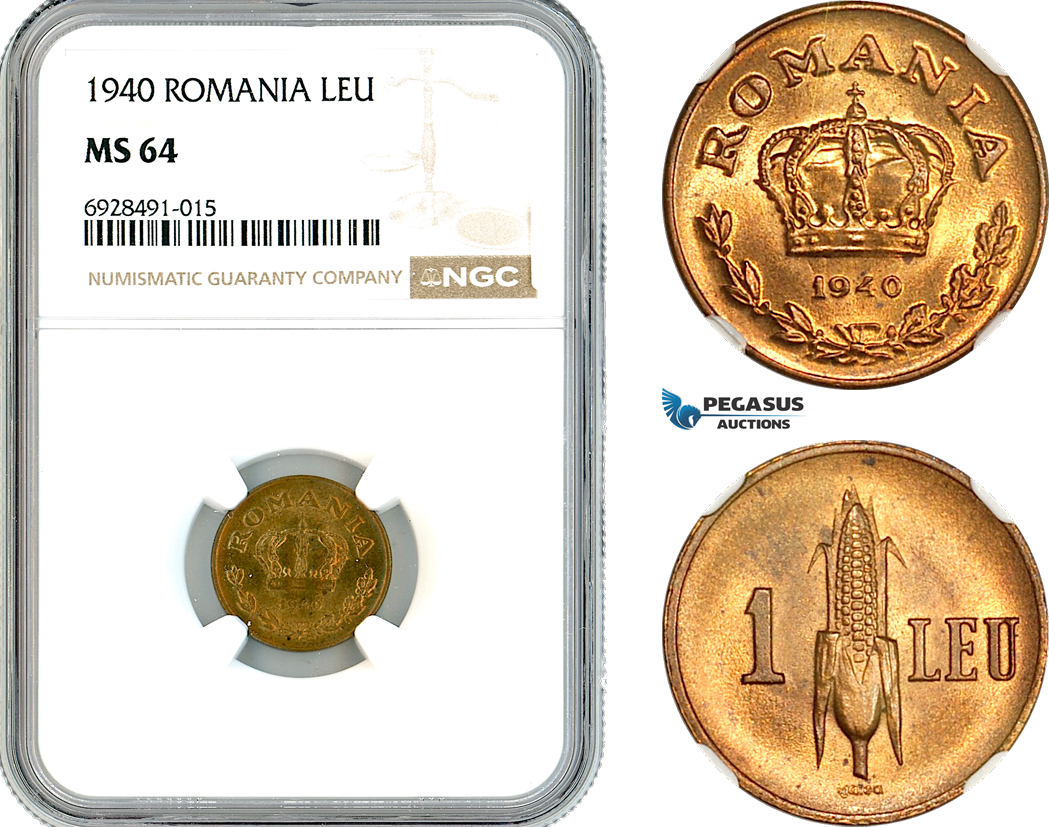 AK750, Romania, Carol II, 1 Leu 1940, Bucharest Mint, NGC MS64