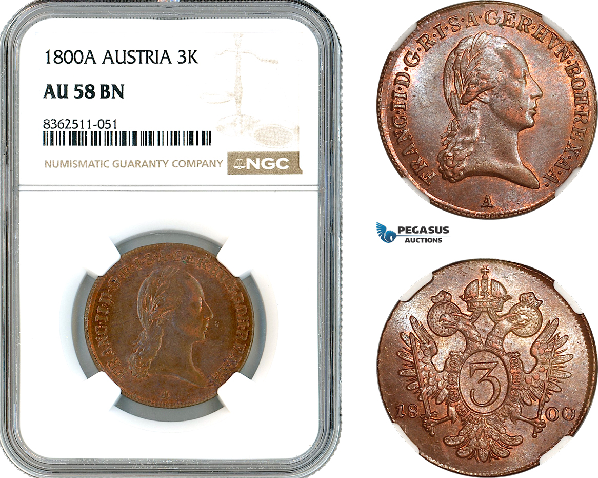AK756, Austria, Franz II, 3 Kreuzer 1800 A, Vienna Mint, NGC AU58BN