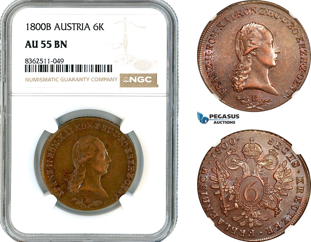 AK757, Austria, Franz II, 6 Kreuzer 1800 B, Kremnitz Mint, NGC AU55BN