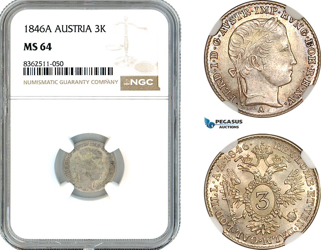 AK759, Austria, Ferdinand I, 3 Kreuzer 1846 A, Vienna Mint, Silver, NGC MS64