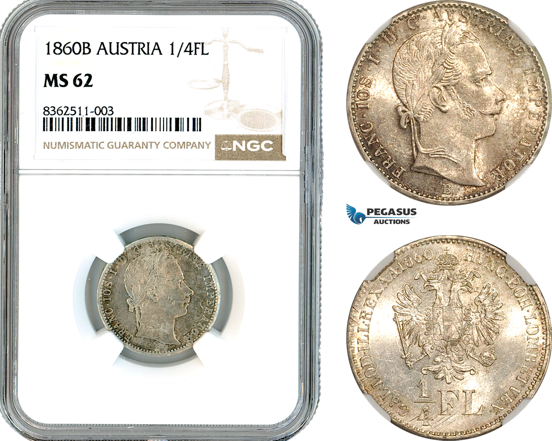 AK761, Austria, Franz Joseph, 1/4 Florin 1860 B, Kremnitz Mint, Silver, NGC MS62