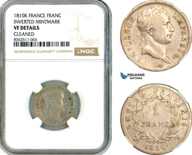 AK768, France, Napoleon I, 1 Franc 1810 K, Bordeaux Mint, Inverted Mintmark, Silver, NGC VF Det