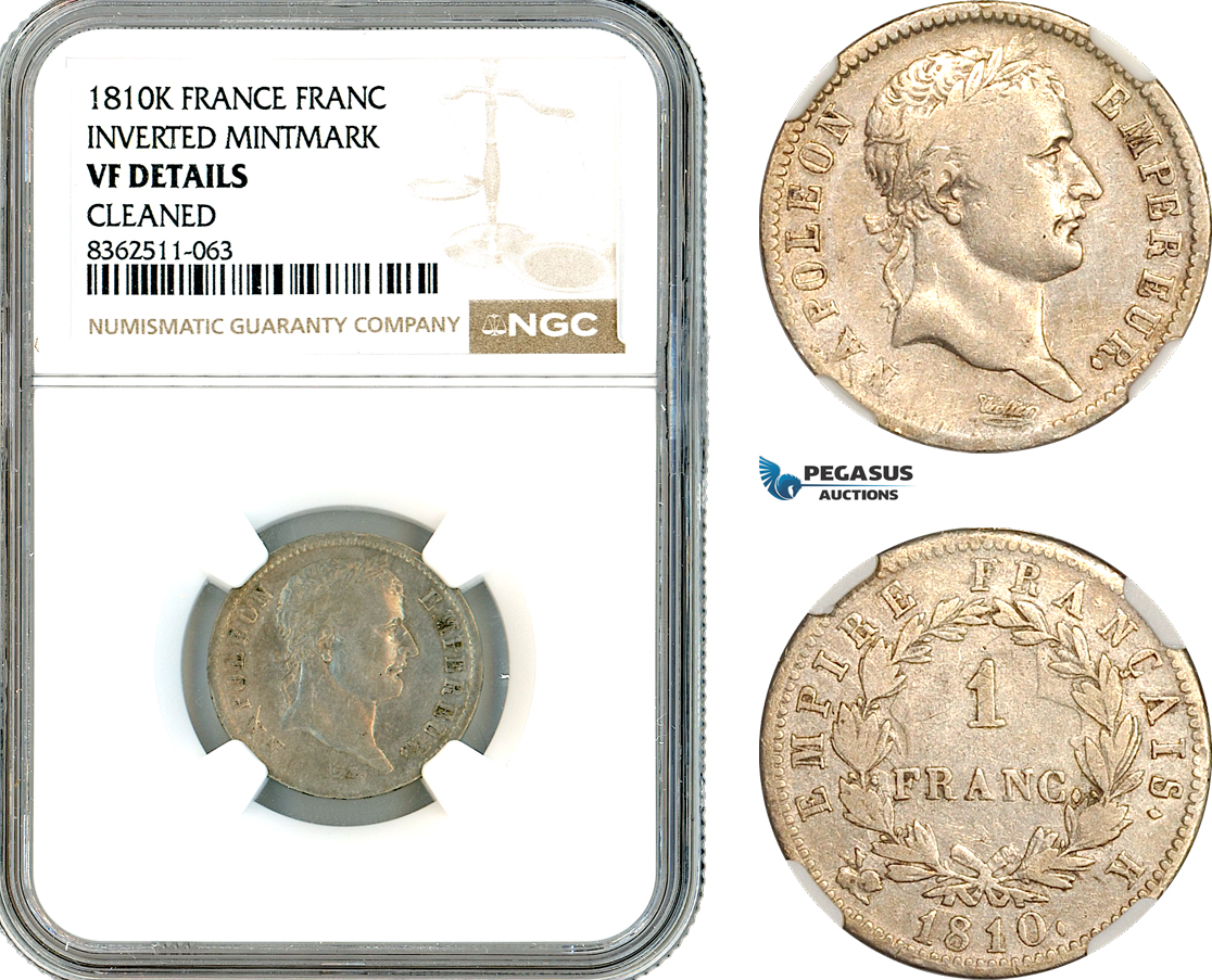 AK768, France, Napoleon I, 1 Franc 1810 K, Bordeaux Mint, Inverted Mintmark, Silver, NGC VF Det