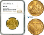 AK769, France, Third Republic, 2 Francs 1927, Paris Mint, NGC MS64, Rare!
