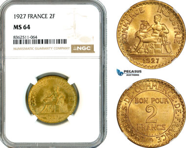 AK769, France, Third Republic, 2 Francs 1927, Paris Mint, NGC MS64, Rare!