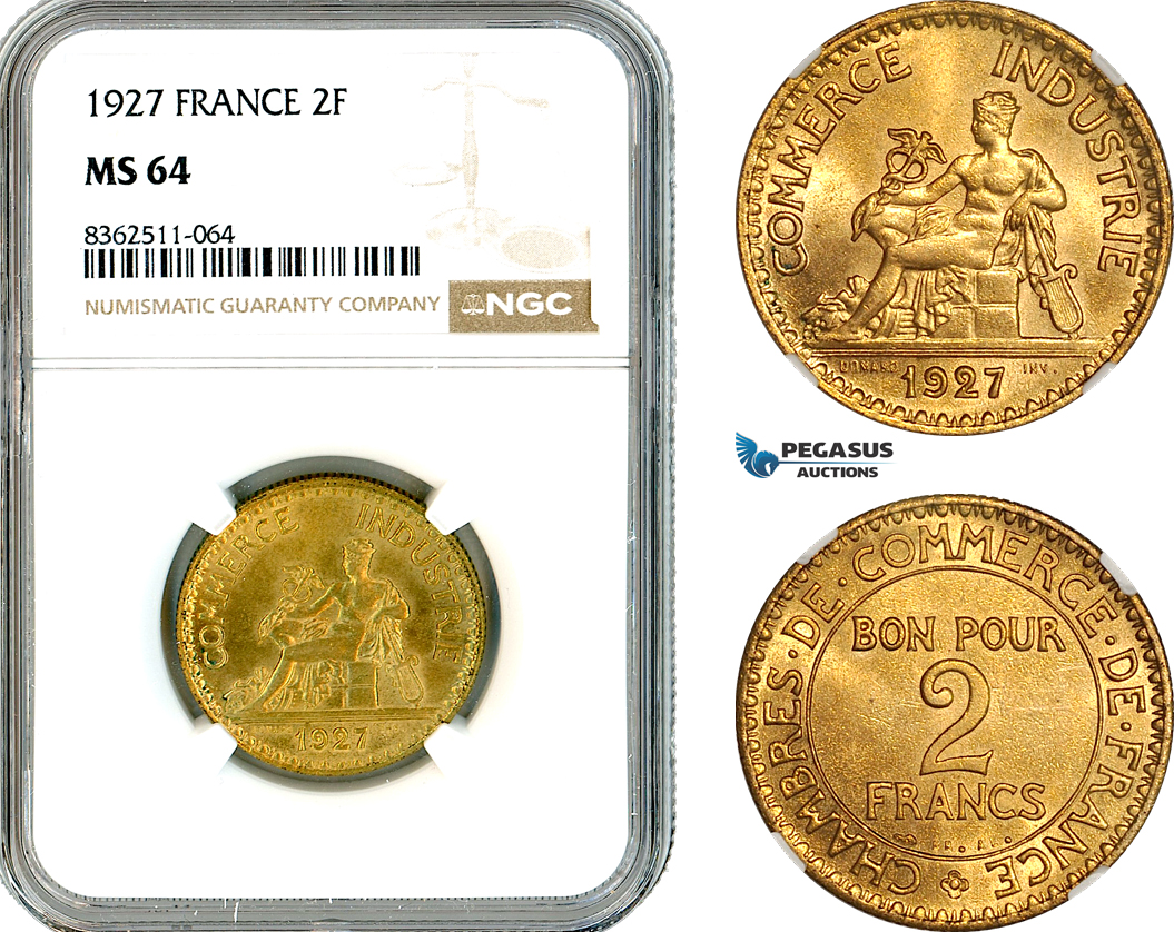 AK769, France, Third Republic, 2 Francs 1927, Paris Mint, NGC MS64, Rare!