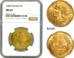 AK770, France, Third Republic, 5 Francs 1940, Paris Mint, NGC MS65
