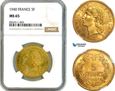 AK770, France, Third Republic, 5 Francs 1940, Paris Mint, NGC MS65