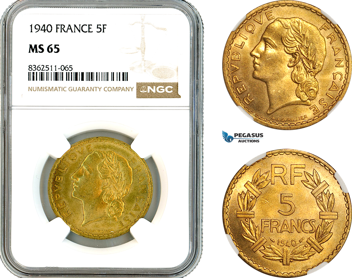 AK770, France, Third Republic, 5 Francs 1940, Paris Mint, NGC MS65