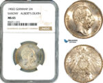 AK772, Germany, Saxony, Albert, 2 Mark 1902 E, Muldenhütten Mint, Albert's Death, Silver, NGC MS65