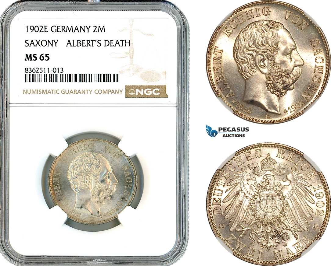 AK772, Germany, Saxony, Albert, 2 Mark 1902 E, Muldenhütten Mint, Albert's Death, Silver, NGC MS65