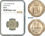 AK774, Germany, Westphalia, Hironymus Napoleon, 20 Centimes 1812 C, Kassel Mint, Silver, NGC MS64, Top Pop!