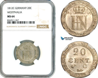 AK774, Germany, Westphalia, Hironymus Napoleon, 20 Centimes 1812 C, Kassel Mint, Silver, NGC MS64, Top Pop!