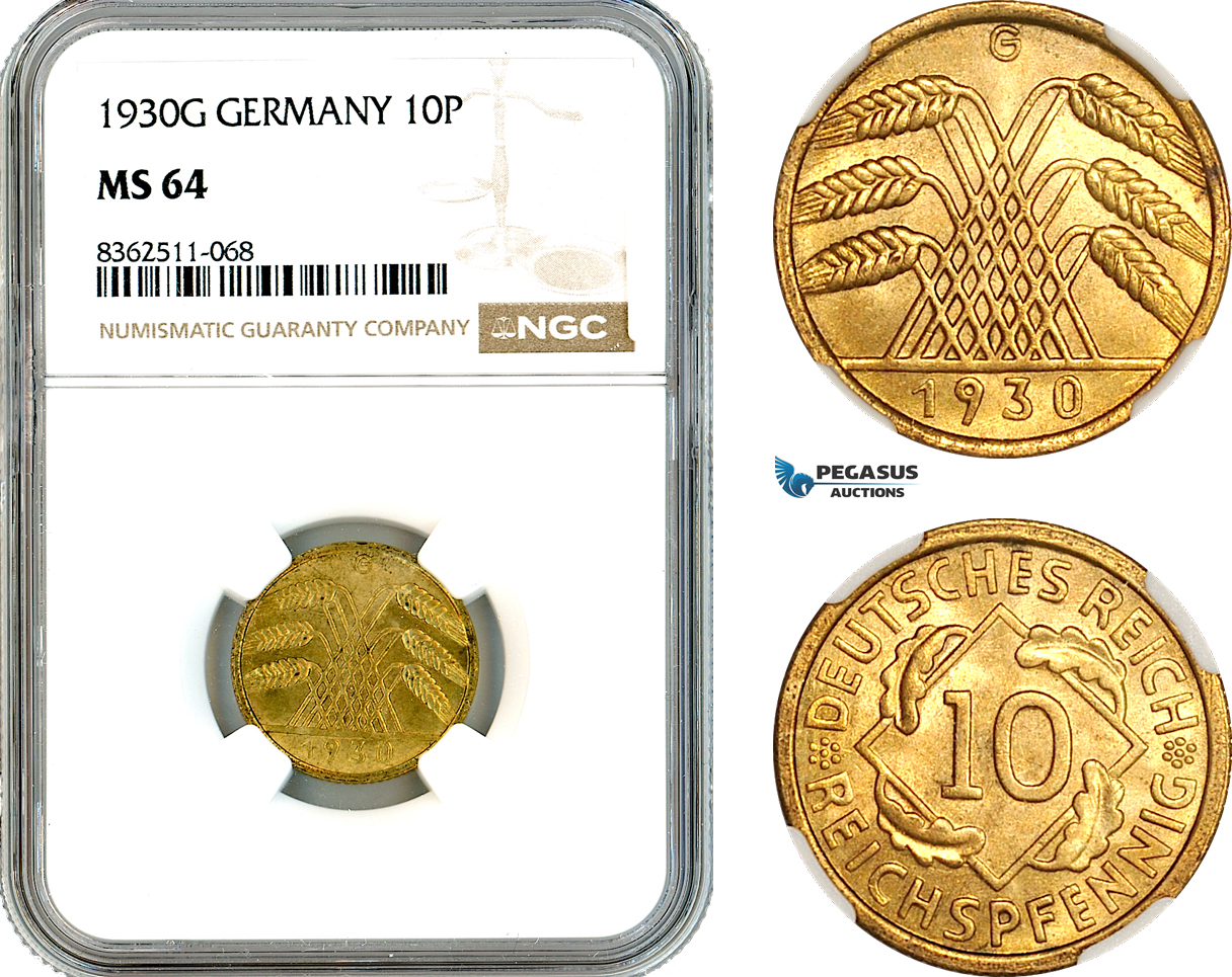 AK776, Germany, Weimar, 10 Reichspfennig 1930 G, Karlsruhe Mint, NGC MS64