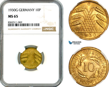 AK777, Germany, Weimar, 10 Reichspfennig 1930 G, Karlsruhe Mint, NGC MS65, Top Pop & SIngle finest graded!