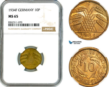AK778, Germany, Weimar, 10 Reichspfennig 1934 F, Stuttgart Mint, NGC MS65