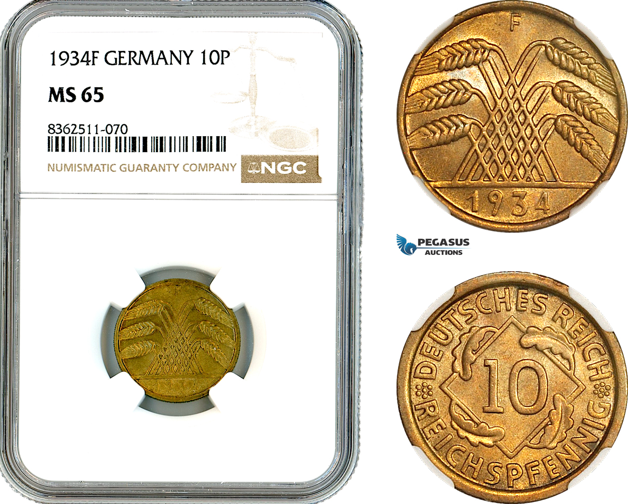 AK778, Germany, Weimar, 10 Reichspfennig 1934 F, Stuttgart Mint, NGC MS65
