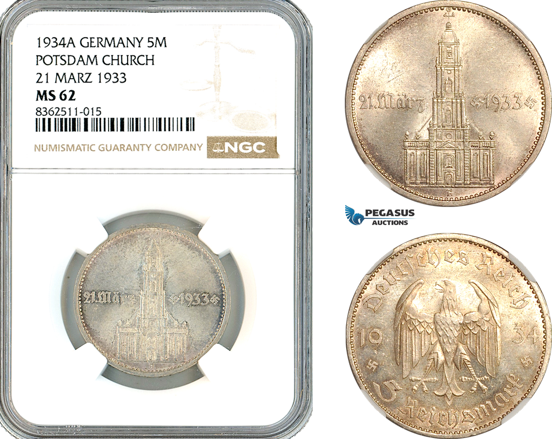 AK780, Germany, Third Reich, 5 Reichsmark 1934 A, Berlin Mint, Potsdam Church, Silver, NGC MS62