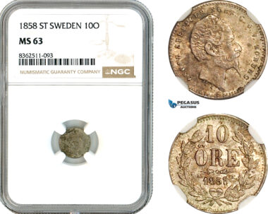 AK799, Sweden, Oscar I, 10 Öre 1858 ST, Kungliga Mint, Silver, NGC63