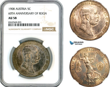 AK801, Austria, Franz Joseph, "60TH ANNIVERSARY OF REIGN" 5 Corona 1908, Vienna Mint, Silver, NGC AU58