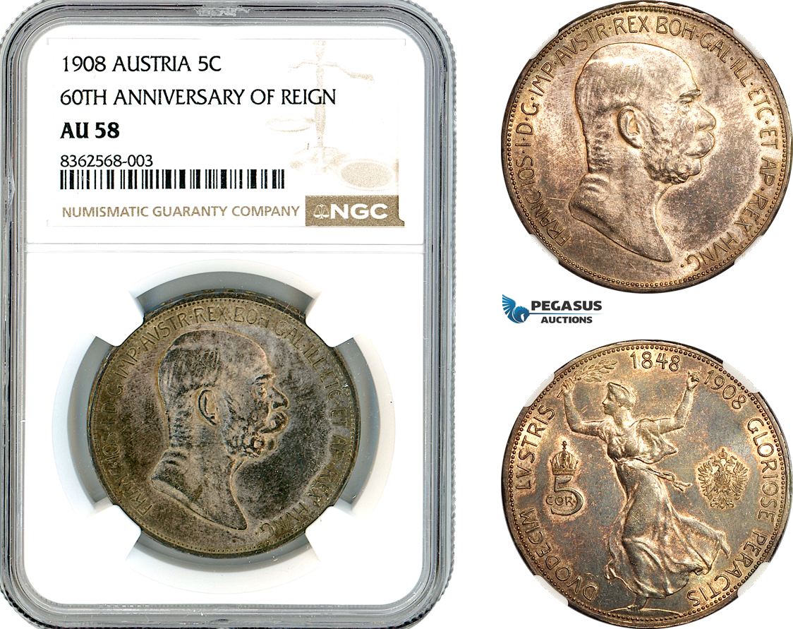 AK801, Austria, Franz Joseph, "60TH ANNIVERSARY OF REIGN" 5 Corona 1908, Vienna Mint, Silver, NGC AU58