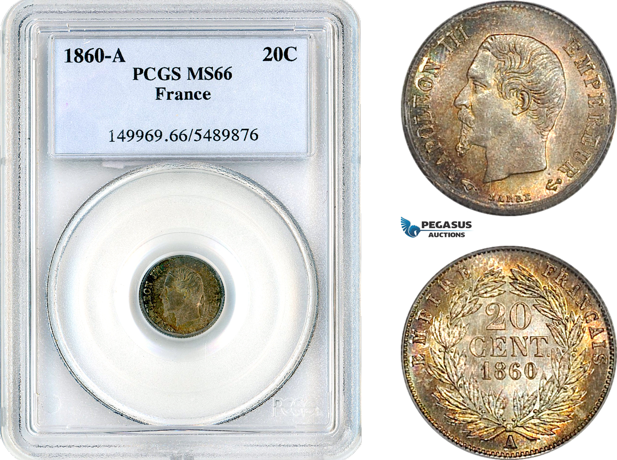 AK820, France, Napoleon III, 20 Centimes 1860 A, Paris Mint, Silver, PCGS MS66