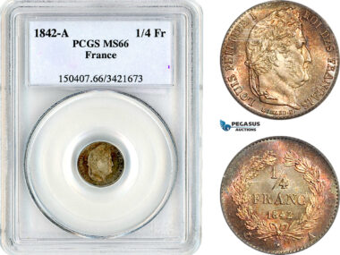 AK823, France, Louis Philippe I, 1/4 Franc 1842 A, Paris Mint, Silver, PCGS MS66, Top Pop & Single finest graded!
