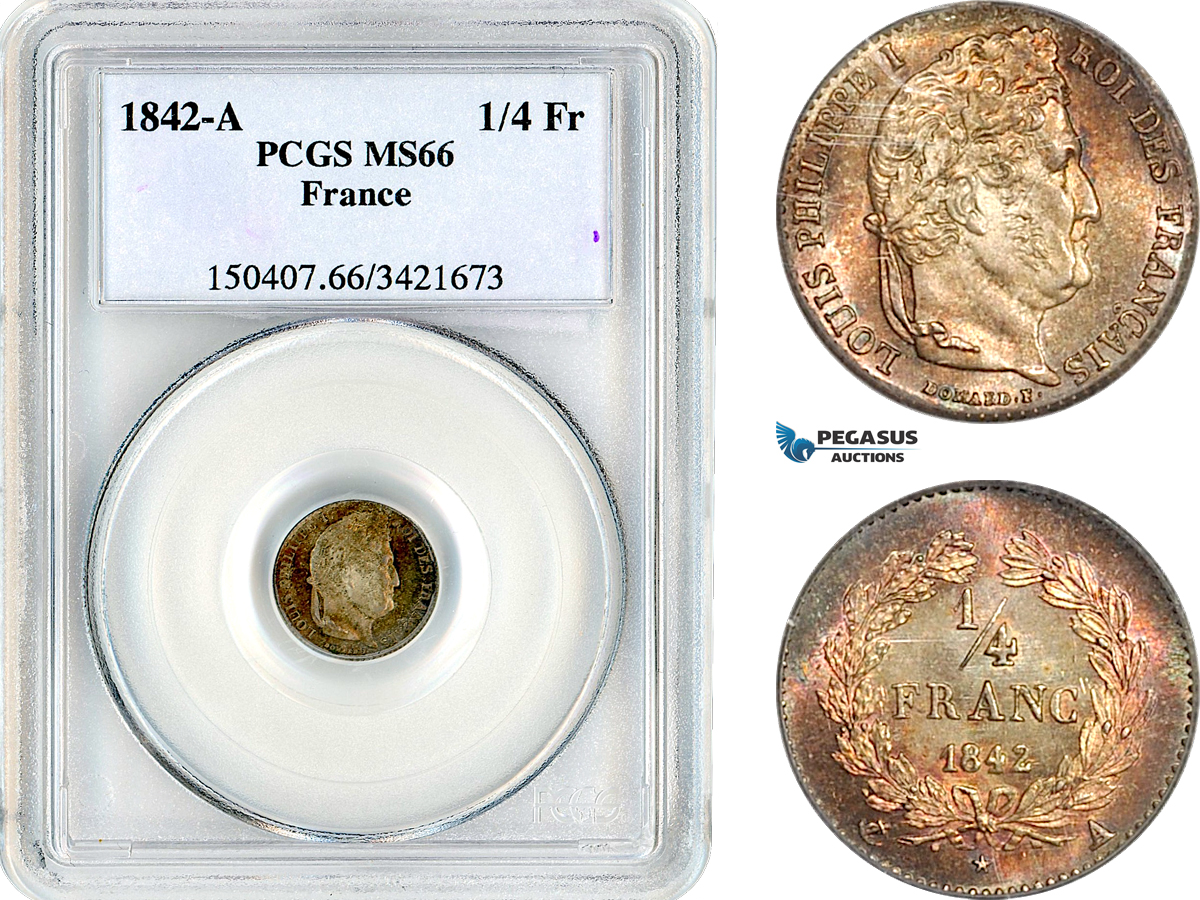 AK823, France, Louis Philippe I, 1/4 Franc 1842 A, Paris Mint, Silver, PCGS MS66, Top Pop & Single finest graded!