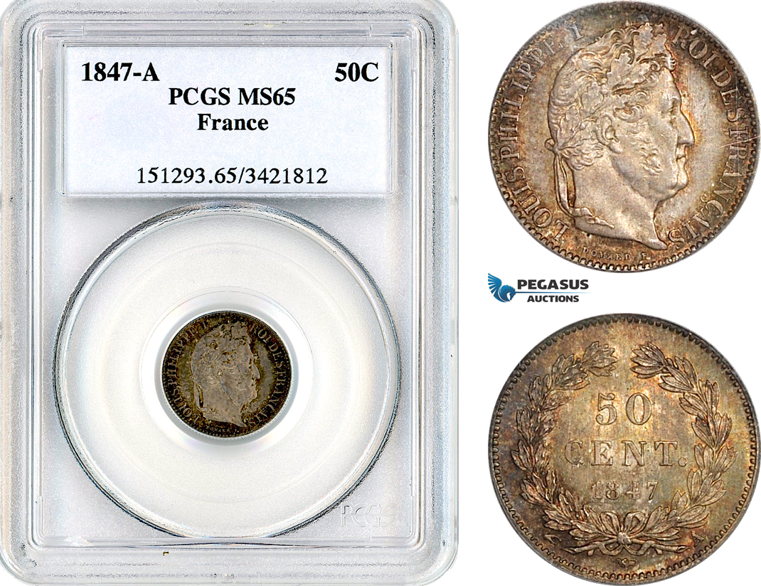 AK824, France, Louis Philippe I, 50 Centimes 1847 A, Paris Mint, Silver, PCGS MS65