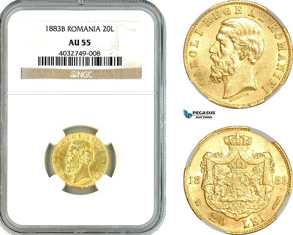 AK828, Romania, Carol I, 20 Lei 1883 B, Bucharest Mint, Gold, NGC AU55