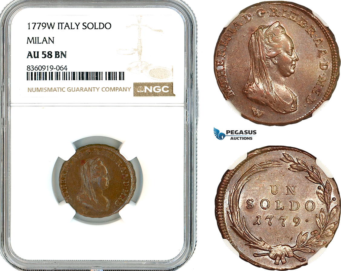 AK833, Austria (for Milan), Maria Theresia, 1 Soldo 1779 W, Vienna Mint, NGC AU58BN