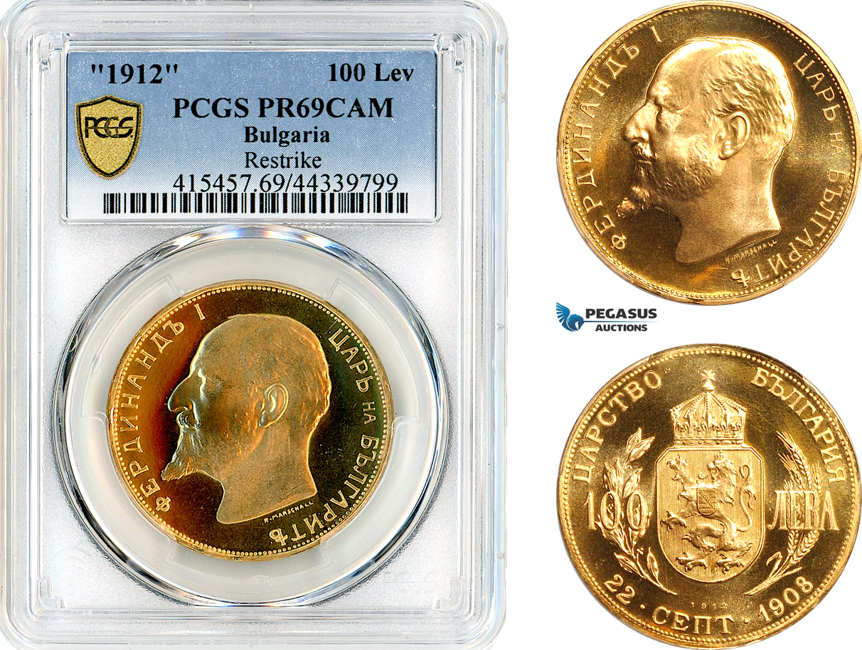 AK836, Bulgaria, Ferdinand I, Restrike 100 Leva 1912, Independence, Sofia Mint, Gold, PCGS PR69CAM