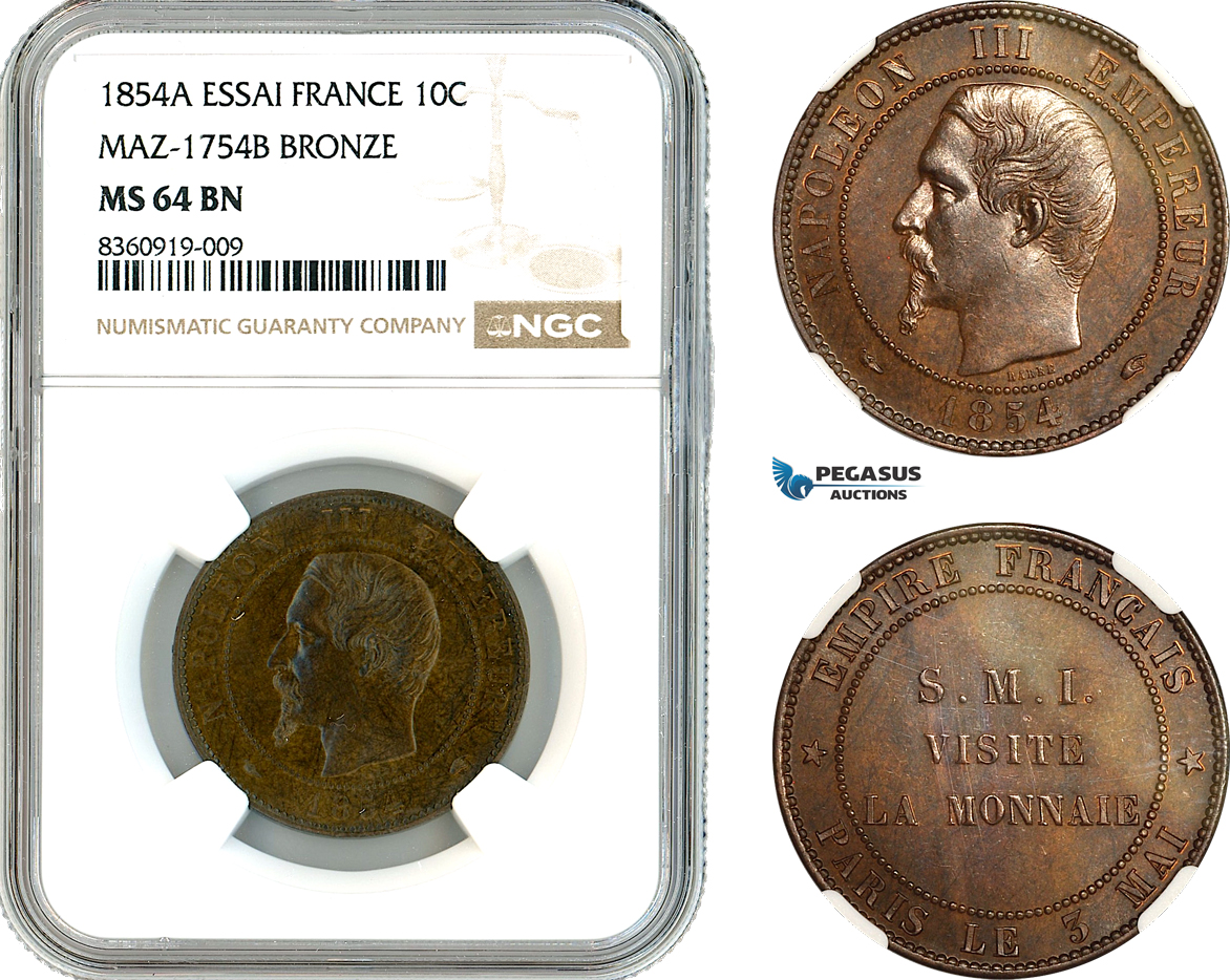 AK840, France, Napoleon III, Essai 10 Centimes module 1854 A, Paris Mint, S.M.I. Visite de la monnaie, NGC MS64BN