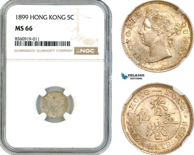 AK842, Hong Kong, Victoria, 5 Cents 1899, London Mint, Silver, NGC MS66