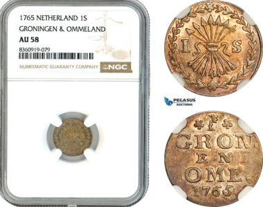 AK851, Netherlands, Groningen & Ommelanden, 1 Stuiver 1765, Harderwijk Mint, Silver, NGC AU58