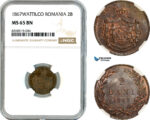 AK853, Romania, Carol I, 2 Bani 1867 Watt&Co, Birmingham Mint, NGC MS65BN